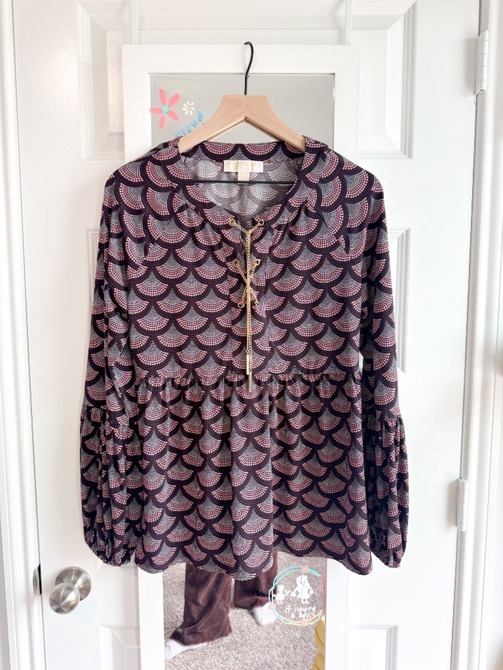 MICHAEL Michael Kors M Pink Scallop Print Gold Chain Lace Up Peplum Blouse